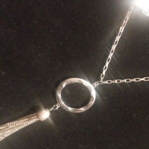 Silver Square Link Chain Necklace with Circle Pendant Tassel . 22 In Long